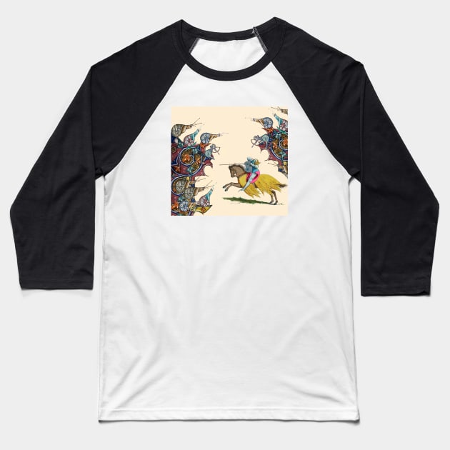 WEIRD MEDIEVAL BESTIARY WAR, KNIGHT HORSEBACK COMBATTING WITH GIANT SNAILS Baseball T-Shirt by BulganLumini